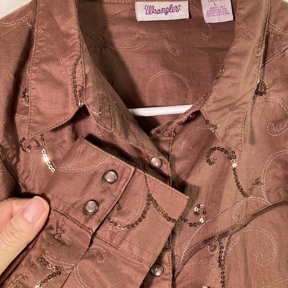 Womens Wrangler Western Pearl Snap Shirt L Embroidered Sequins Brown Cotton - Picture 3 of 8